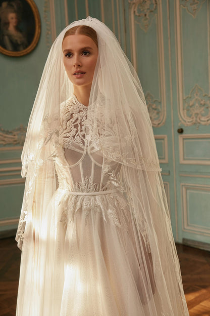 Unique Modern Aline Wedding Dress Bridal Gown with Corset Bodice Bustier Design High Neckline Covered Back Sparkle Dress Cape Sleeves Lace