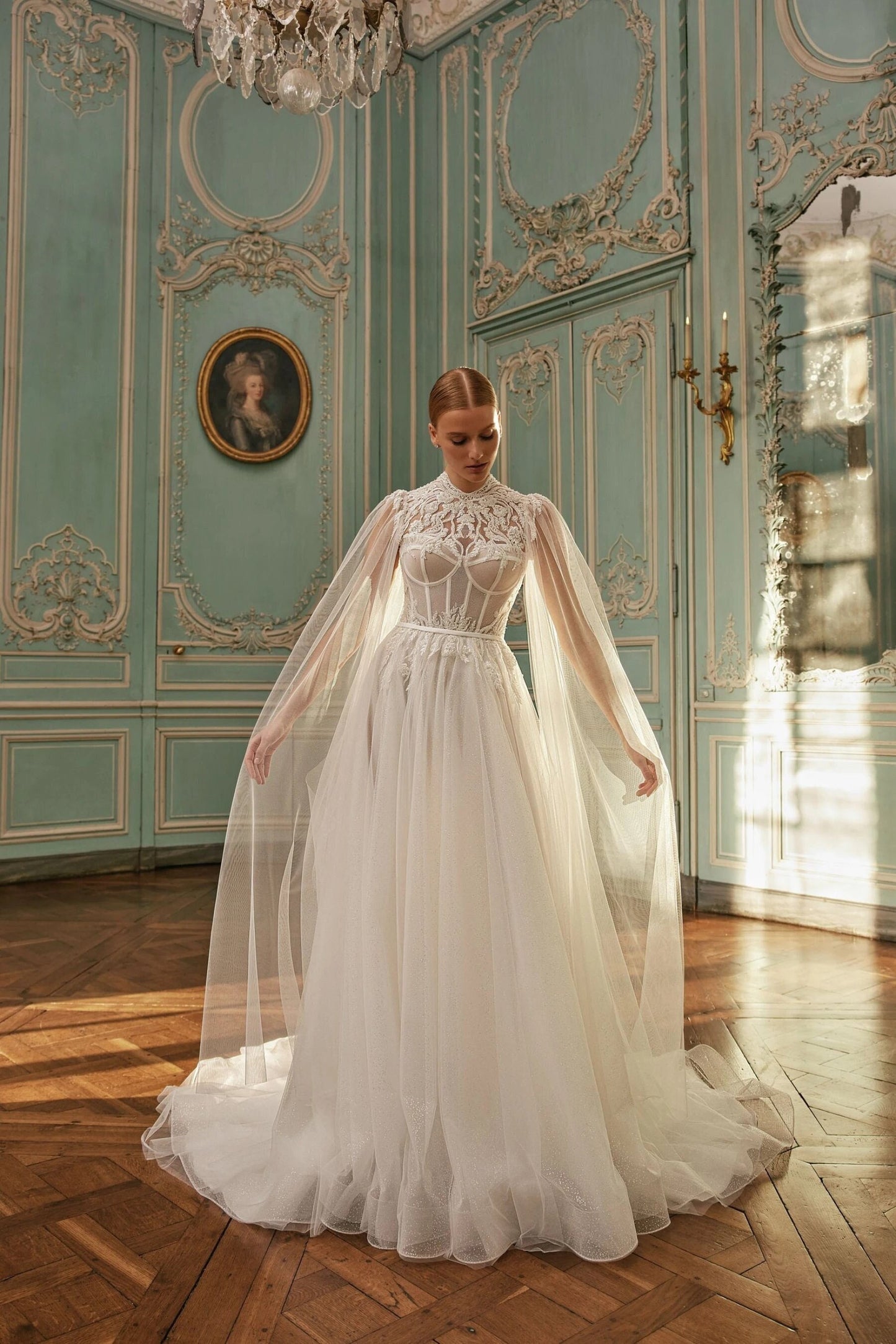 Unique Modern Aline Wedding Dress Bridal Gown with Corset Bodice Bustier Design High Neckline Covered Back Sparkle Dress Cape Sleeves Lace