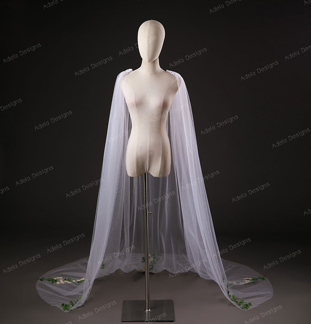 Cape Veil with Floral Details Shoulder Attachment Long Bridal Shoulder Veil Waterfall Wedding Cape Fast Delivery Embroidery