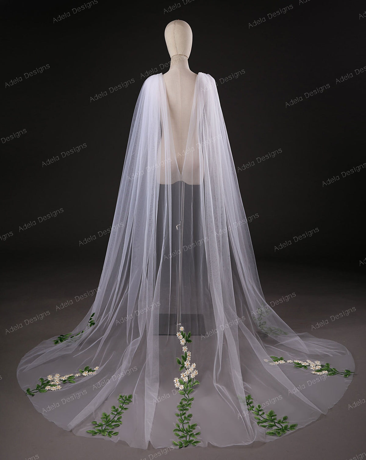 Cape Veil with Floral Details Shoulder Attachment Long Bridal Shoulder Veil Waterfall Wedding Cape Fast Delivery Embroidery