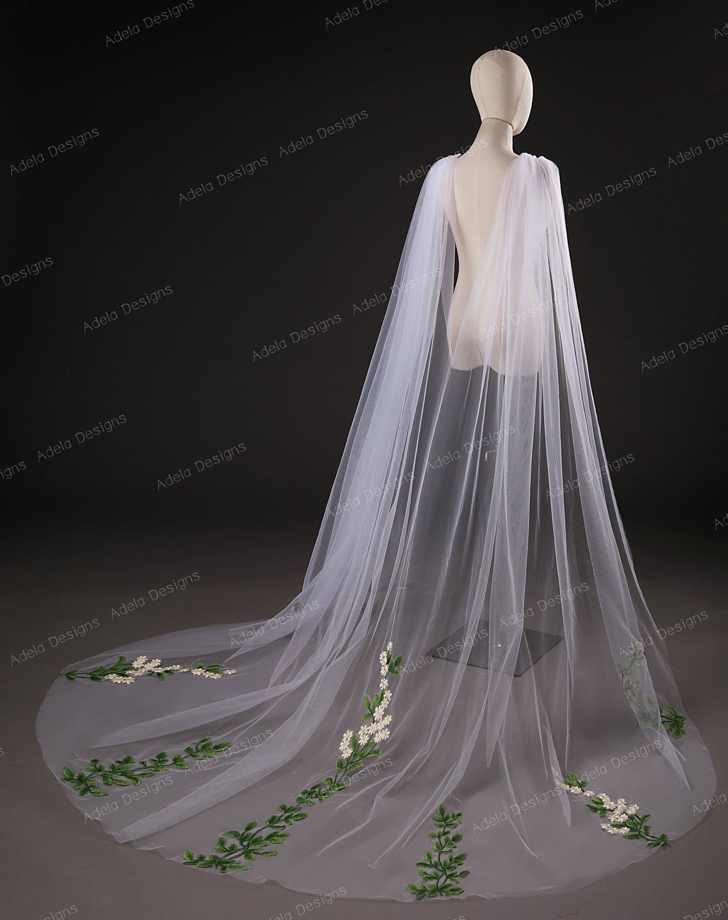 Cape Veil with Floral Details Shoulder Attachment Long Bridal Shoulder Veil Waterfall Wedding Cape Fast Delivery Embroidery