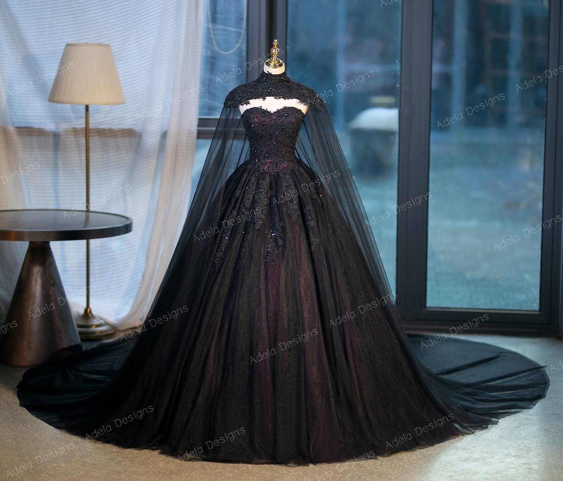 Hazel Gothic Wedding Dress Black Ball Gown with Beaded Cape | Adela Designs A & M Enterprises Bridal Hazel Gothic Wedding Dress Black Ball Gown with Beaded Cape | Adela Designs A & M Enterprises Bridal