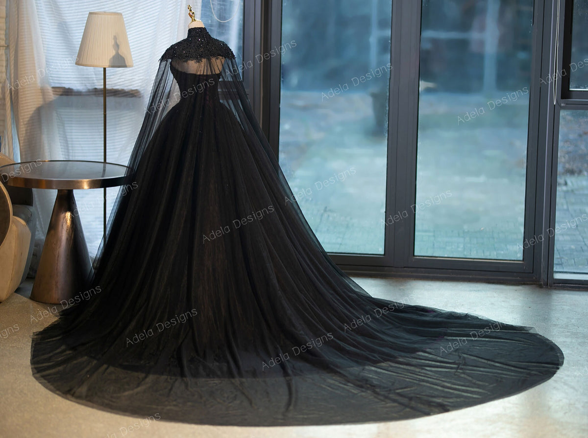 Untraditional Black and Purple Ball Gown Gothic Wedding Dress Bridal Sleeveless Strapless Lace with Train Beaded Bodice with Cape