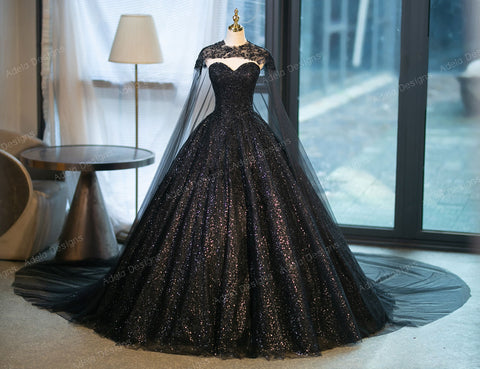 Untraditional Black Sparkle Ball Gown Gothic Wedding Dress Bridal Sleeveless Strapless Lace Cape Beaded Bodice Details Sweetheart Neckline