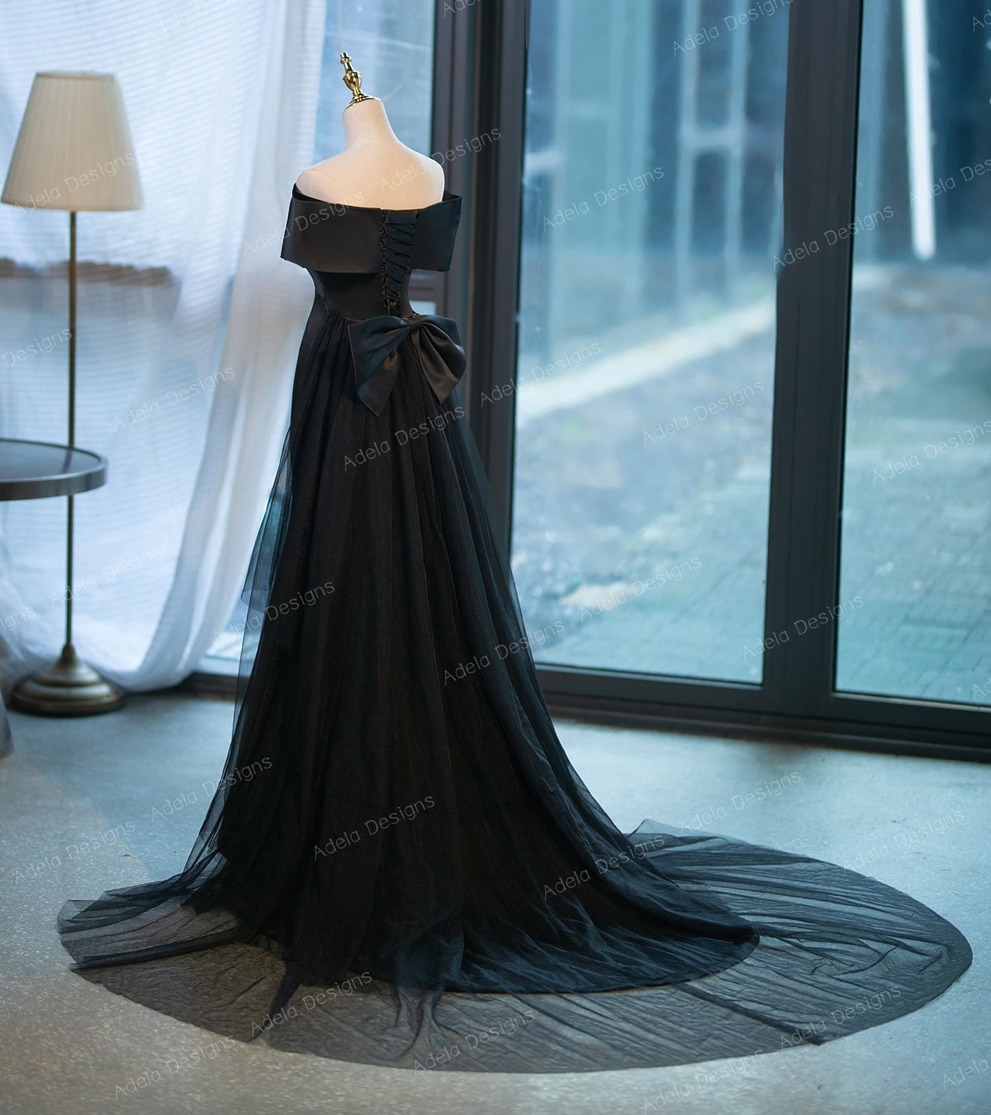 Gothic Black Fit And Flare Mermaid Satin Wedding Dress Bridal Gown Off the Shoulder Neckline Open Back Detachable Train Big Bow in Back