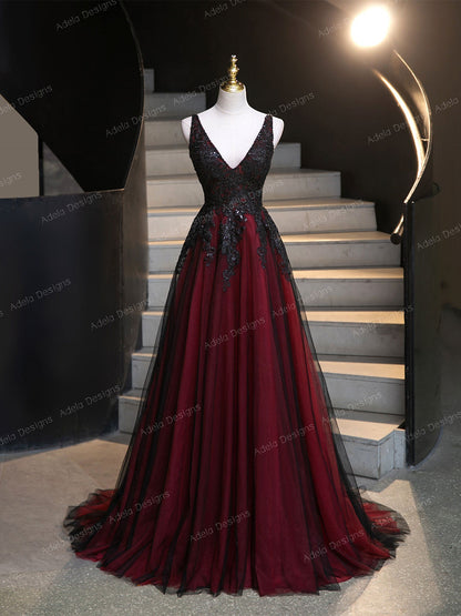 Gothic Red and Black Sequined Lace ALine Sleeveless Tulle Wedding Dress Bridal Gown Sleeveless Open Back Short Train Plus Size V Neck