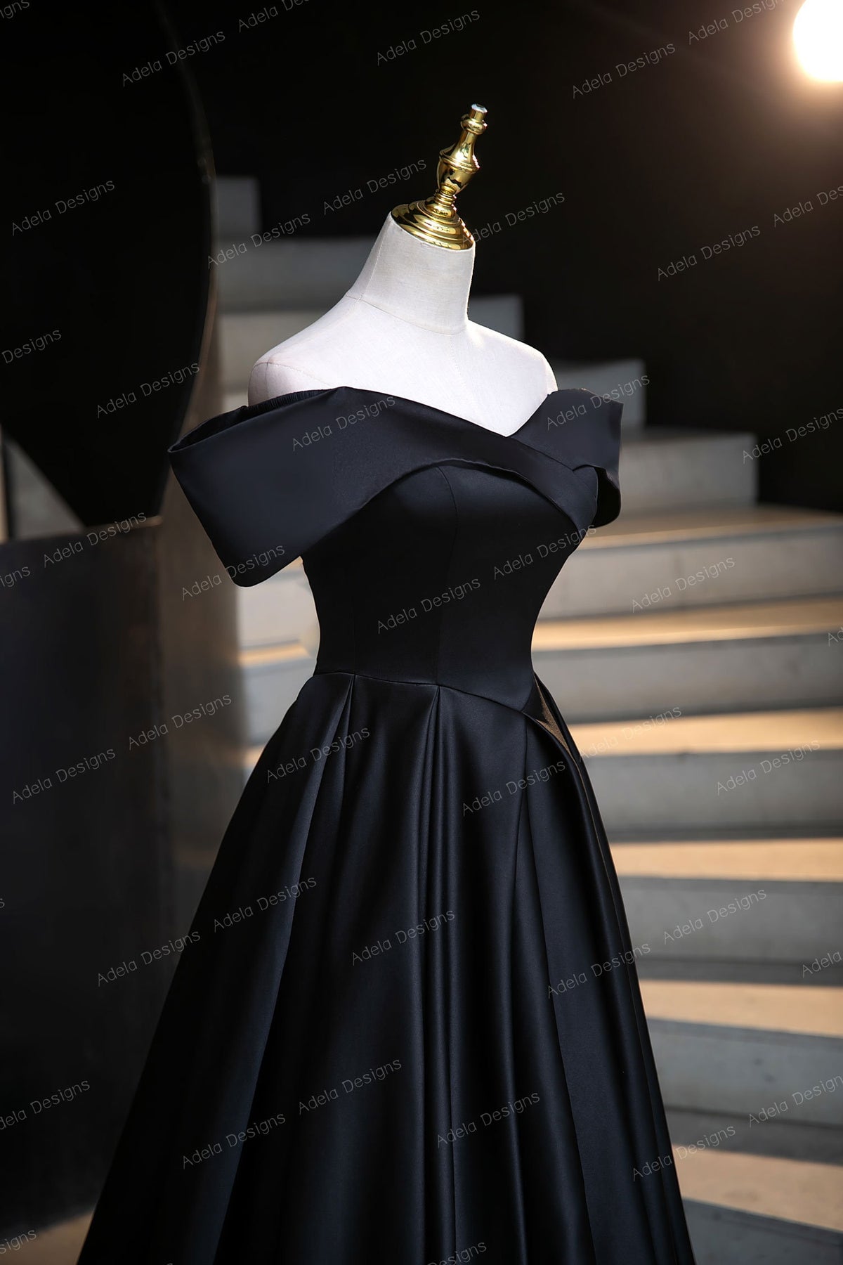 Classic Design Gothic Black Satin Wedding Dress Bridal Gown Off the Shoulder Neckline Open Back Aline with Corset Back