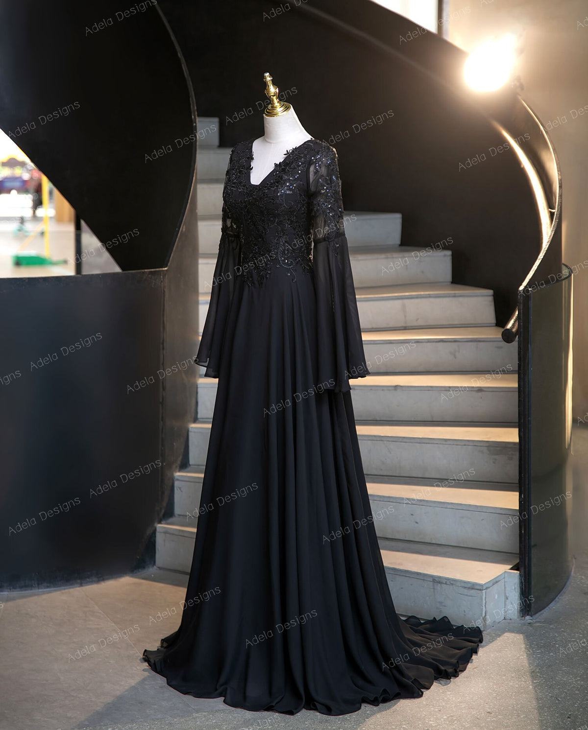 Vintage Gothic Black Aline Long Bell Sleeves Chiffon Wedding Dress Bridal Gown Open Back Short Train Plus Size V Neckline