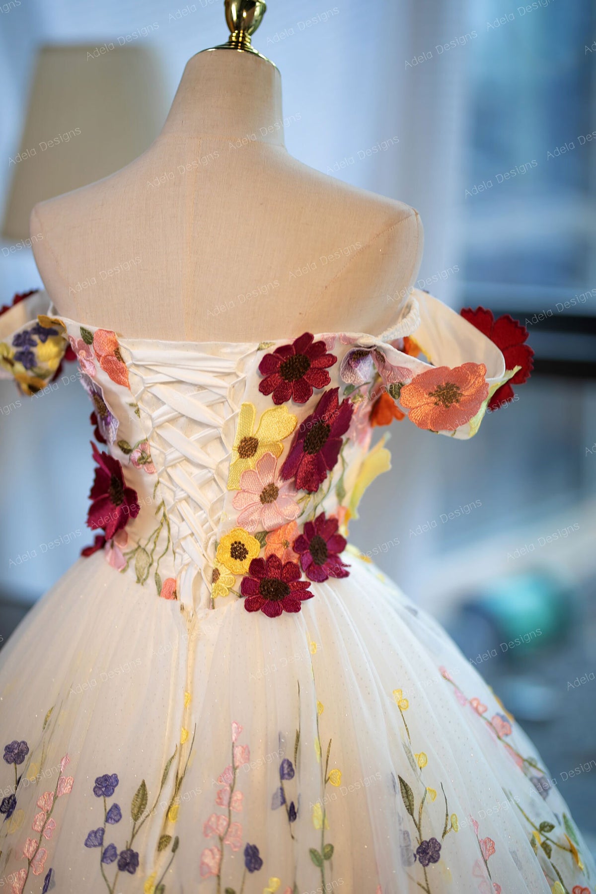3D Floral Lace Ball Gown Wedding Dress Bridal Off The Shoulder Lace Bare Shoulders Open Back Ballgown Corset Back Colorful Dress