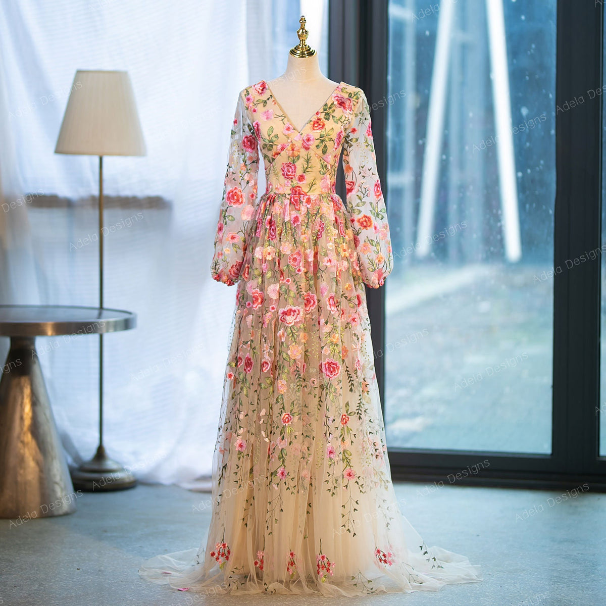 Floral Lace Aline Wedding Dress Bridal Gown Chamapgne V Neckline V Back Colorful Dress Long Bishop Sleeves Short Train
