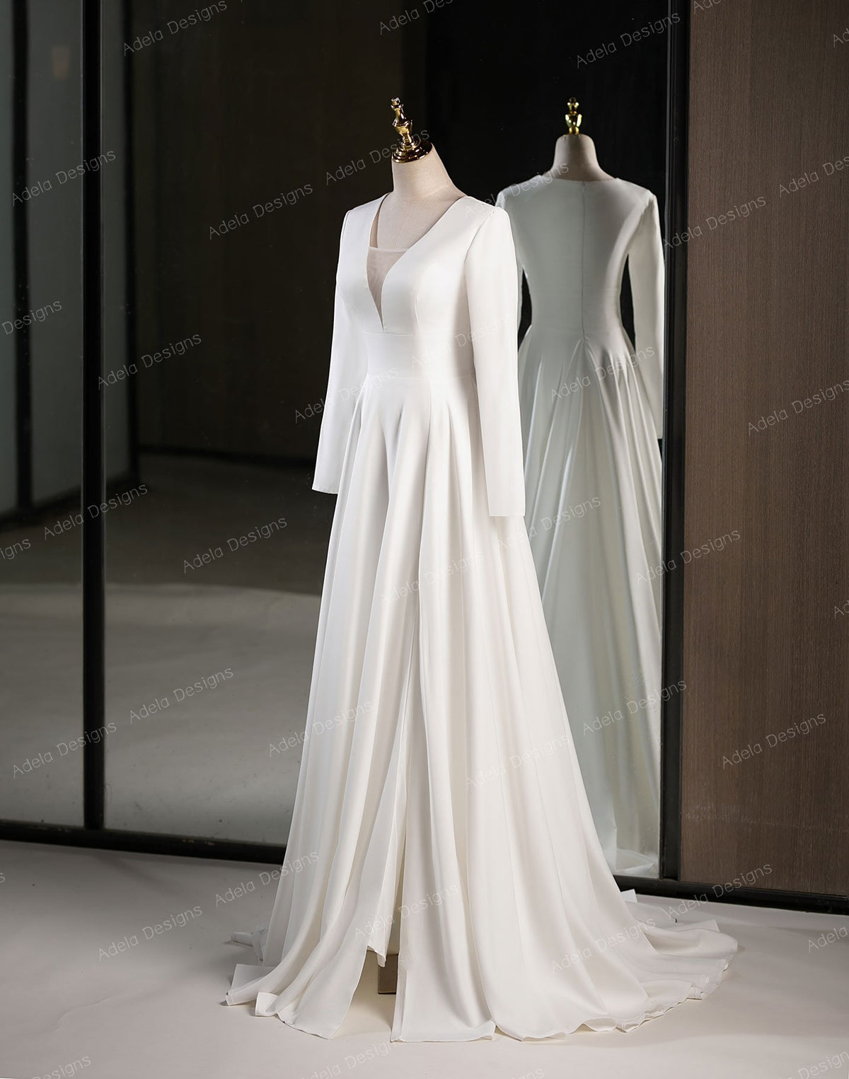 Modest Crepe Long Sleeve Bridal Gown Wedding Dress Minimalist Aline Silhouette Low V Neckline Covered Back Side Slit