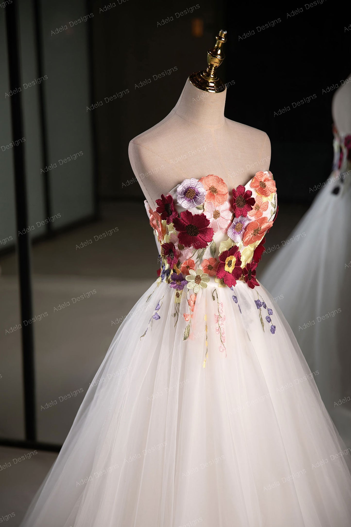 3D Floral Lace Ball Gown Wedding Dress Bridal Detachable Off The Shoulder Straps Lace Open Back Sleeveless Strapless Corset Back Colorful