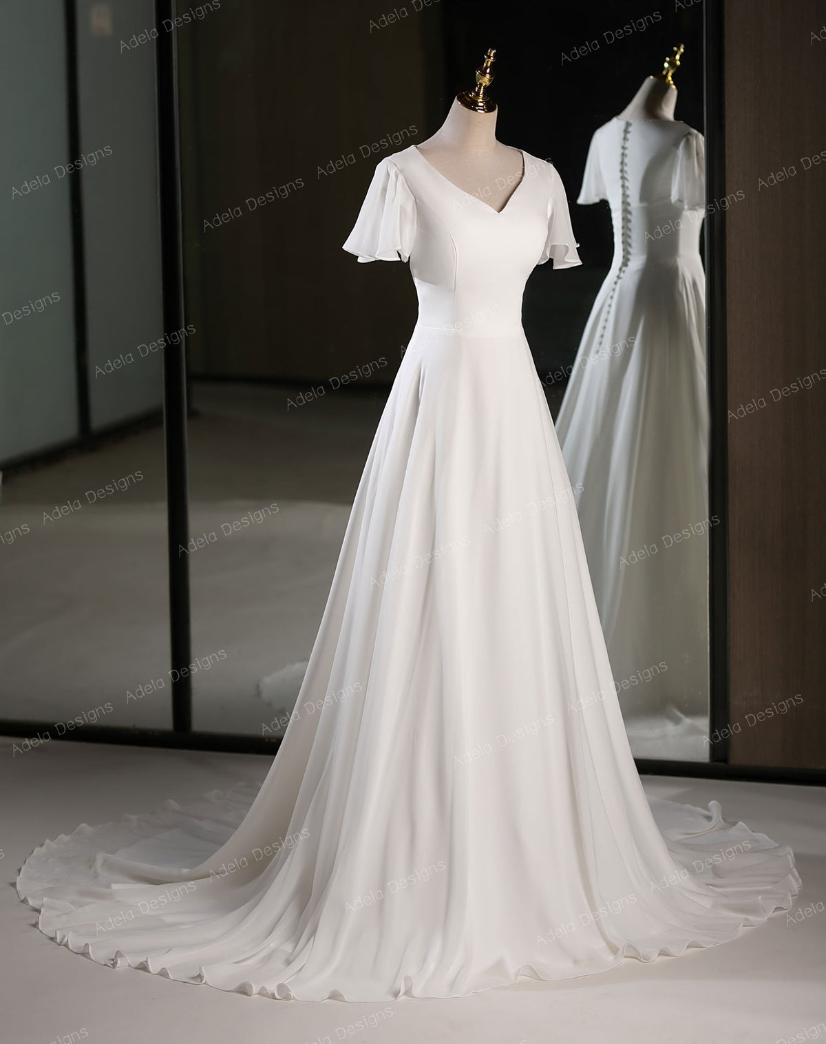 Modest Chiffon Short Flutter Sleeve Bridal Ball Gown Wedding Dress Boho Aline Silhouette V Neckline Covered Back LDS With Train