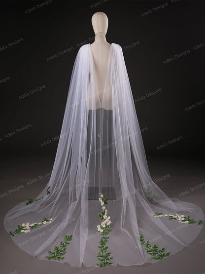 Cape Veil with Floral Details Shoulder Attachment Long Bridal Shoulder Veil Waterfall Wedding Cape Fast Delivery Embroidery