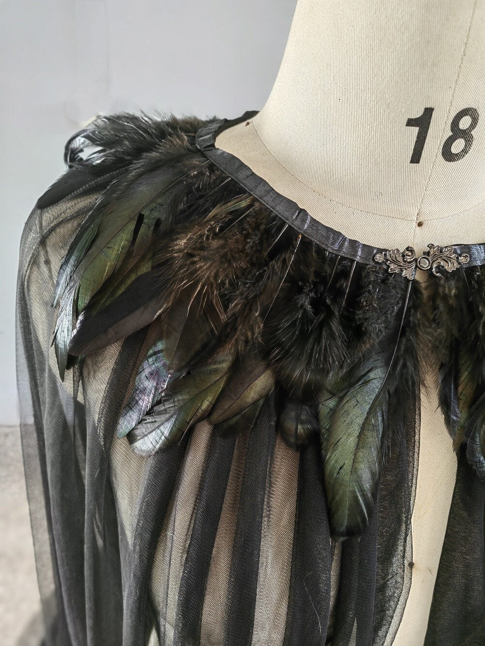 Gothic Black Veil Cape Feathers Along Shoulder Wedding Veil Bridal Cape Unique Style
