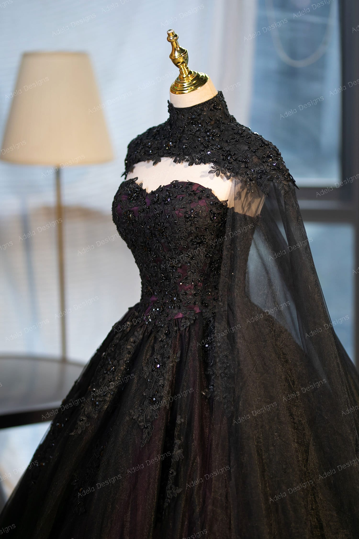 Hazel Gothic Wedding Dress Black Ball Gown with Beaded Cape | Adela Designs A & M Enterprises Bridal Hazel Gothic Wedding Dress Black Ball Gown with Beaded Cape | Adela Designs A & M Enterprises Bridal