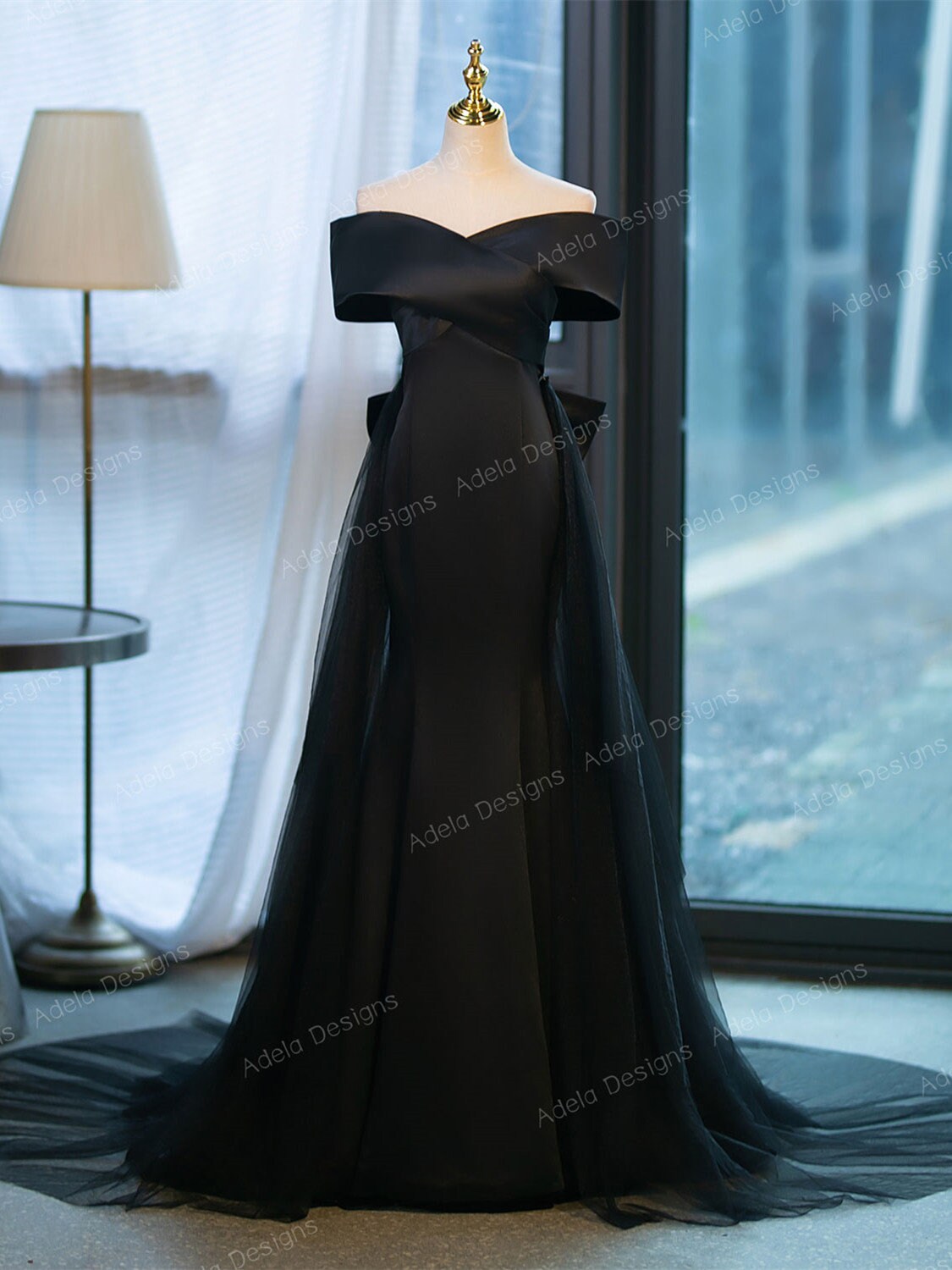 Gothic Black Fit And Flare Mermaid Satin Wedding Dress Bridal Gown Off the Shoulder Neckline Open Back Detachable Train Big Bow in Back