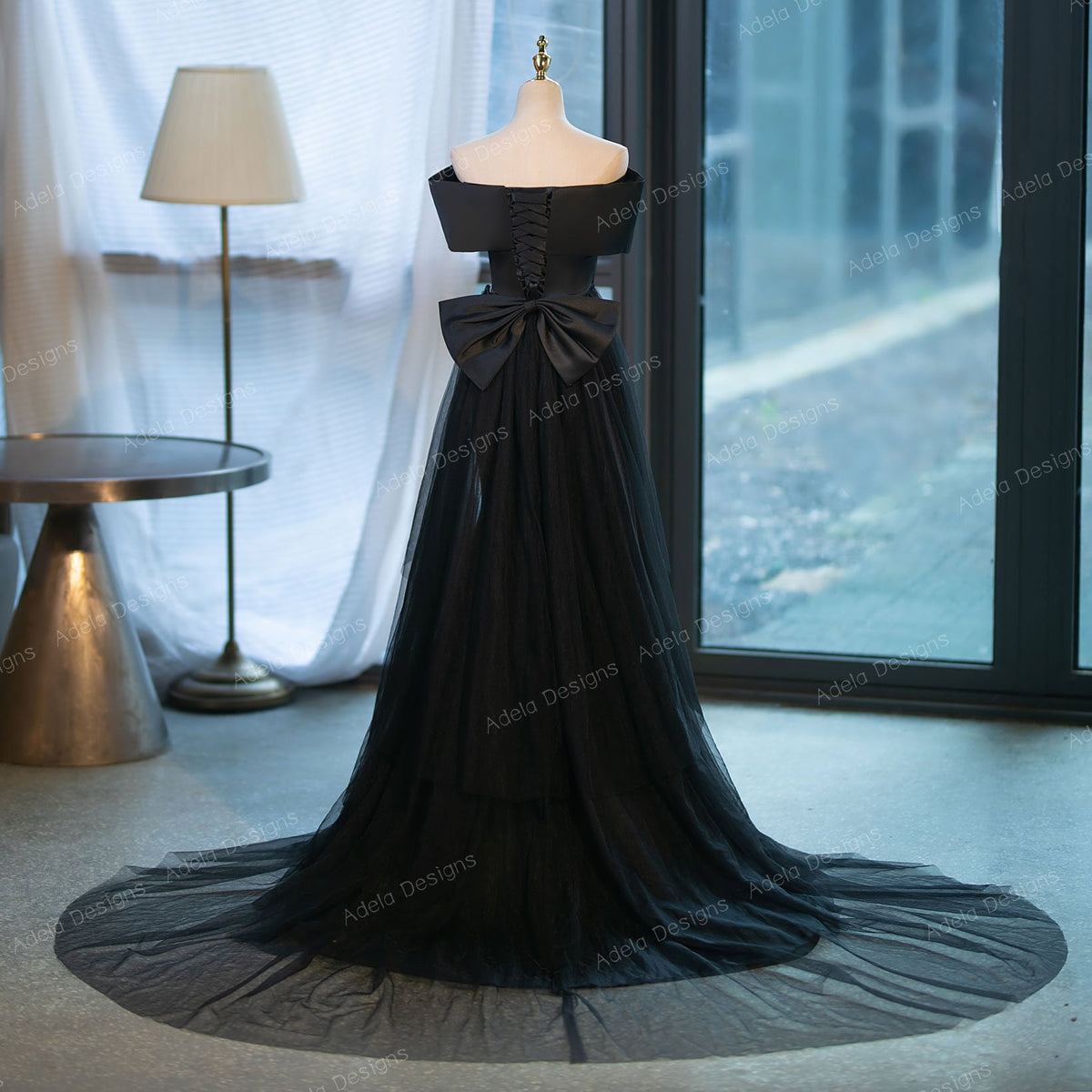 Gothic Black Fit And Flare Mermaid Satin Wedding Dress Bridal Gown Off the Shoulder Neckline Open Back Detachable Train Big Bow in Back