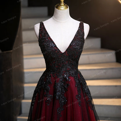 Gothic Red and Black Sequined Lace ALine Sleeveless Tulle Wedding Dress Bridal Gown Sleeveless Open Back Short Train Plus Size V Neck