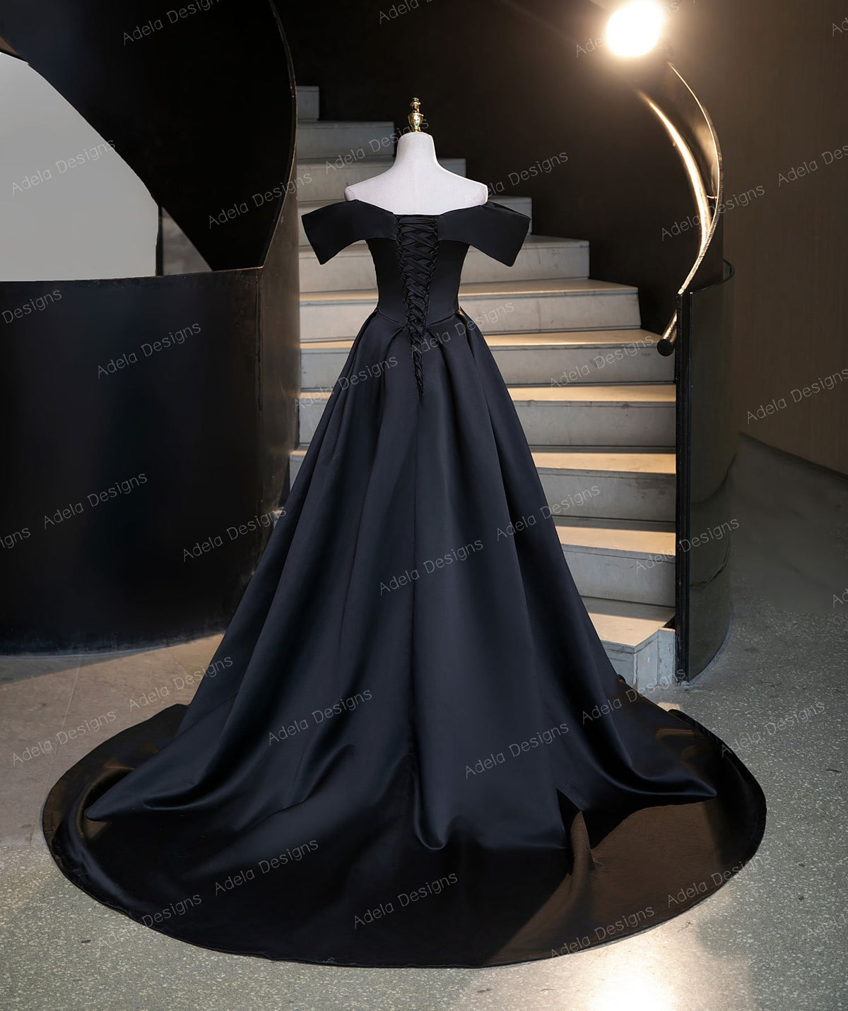 Classic Design Gothic Black Satin Wedding Dress Bridal Gown Off the Shoulder Neckline Open Back Aline with Corset Back