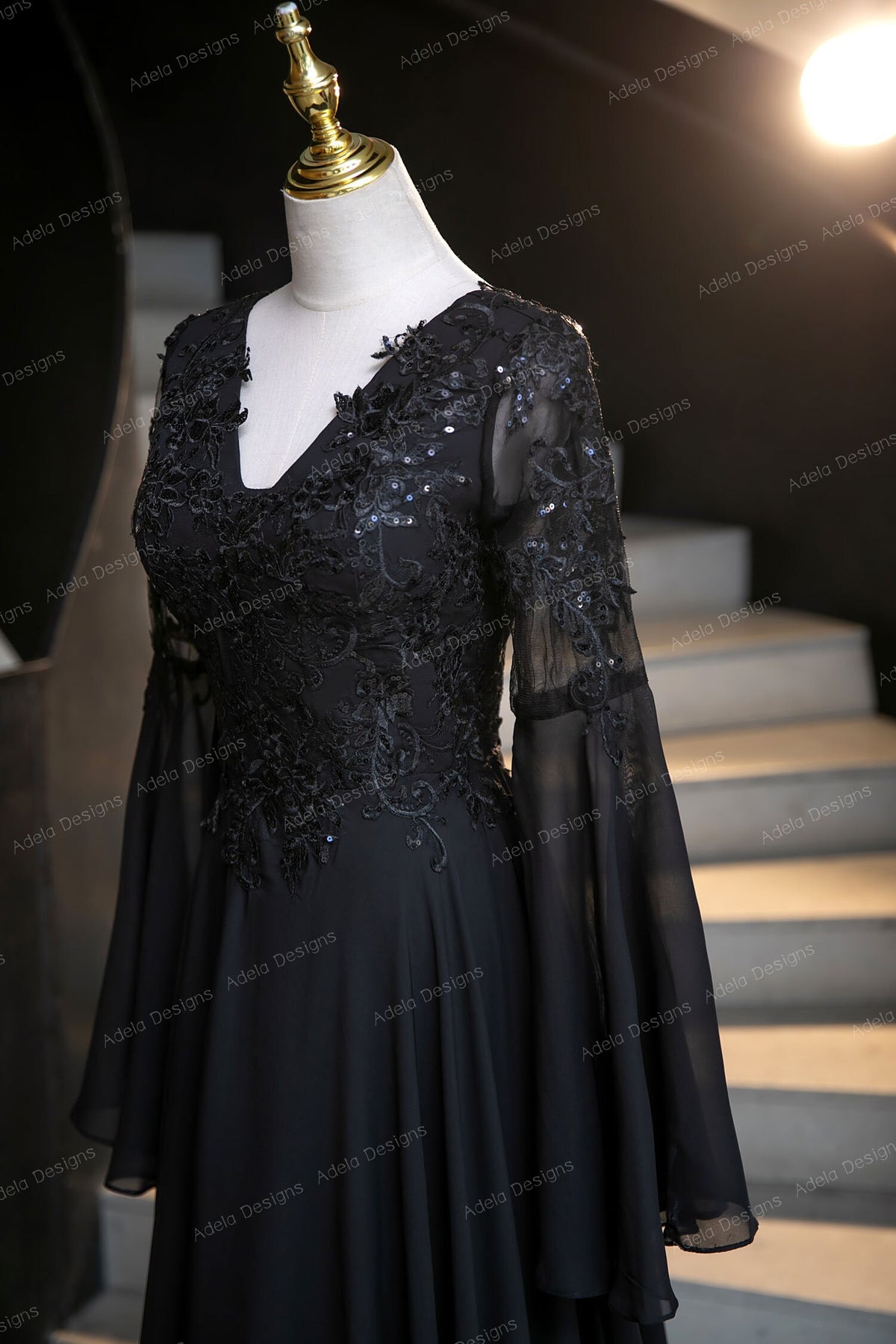 Vintage Gothic Black Aline Long Bell Sleeves Chiffon Wedding Dress Bridal Gown Open Back Short Train Plus Size V Neckline