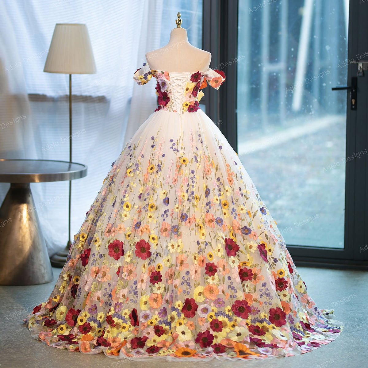 3D Floral Lace Ball Gown Wedding Dress Bridal Off The Shoulder Lace Bare Shoulders Open Back Ballgown Corset Back Colorful Dress
