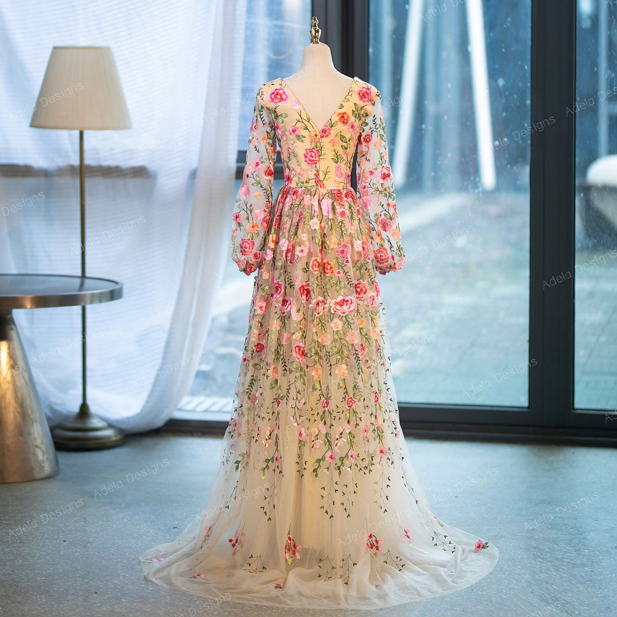 Floral Lace Aline Wedding Dress Bridal Gown Chamapgne V Neckline V Back Colorful Dress Long Bishop Sleeves Short Train