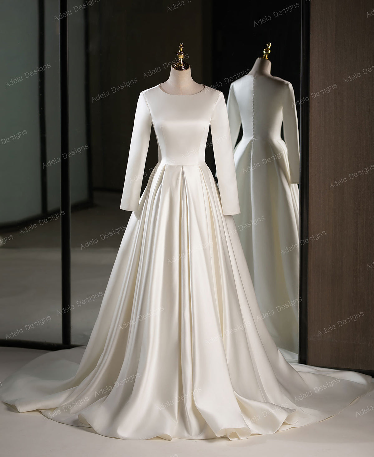Modest Minimalist Long Sleeve Bridal Gown Aline Wedding Dress Aline Silhouette High Neckline Covered Back LDS Simple Satin LDS Button Back