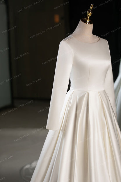 Modest Minimalist Long Sleeve Bridal Gown Aline Wedding Dress Aline Silhouette High Neckline Covered Back LDS Simple Satin LDS Button Back