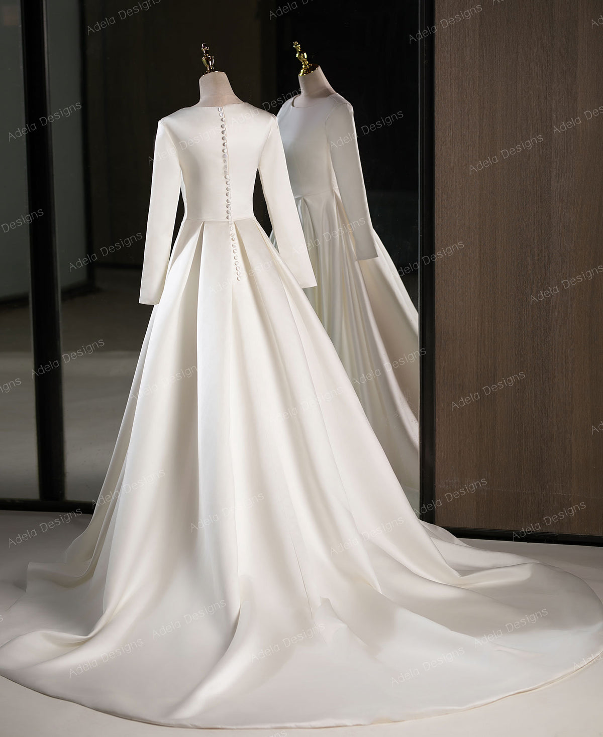 Modest Minimalist Long Sleeve Bridal Gown Aline Wedding Dress Aline Silhouette High Neckline Covered Back LDS Simple Satin LDS Button Back