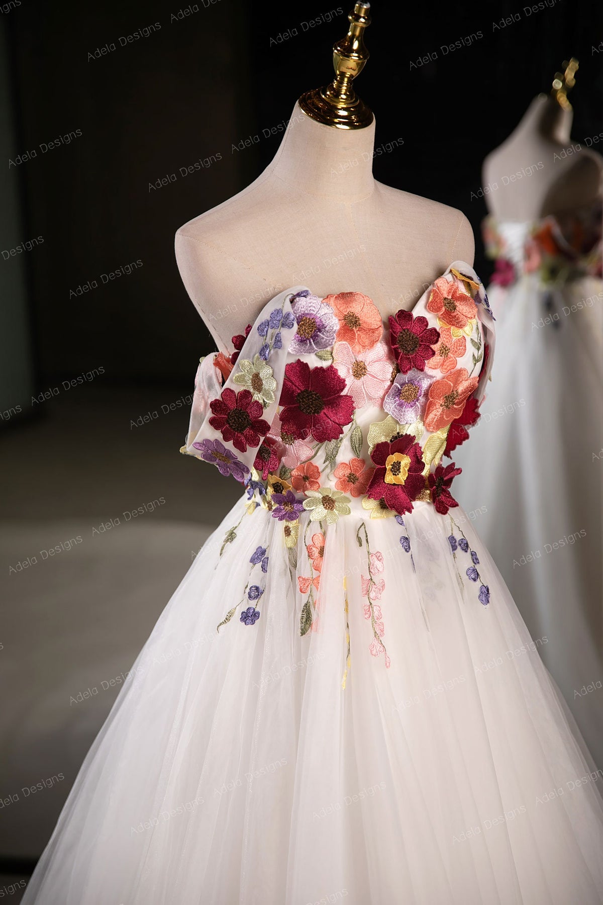 3D Floral Lace Ball Gown Wedding Dress Bridal Detachable Off The Shoulder Straps Lace Open Back Sleeveless Strapless Corset Back Colorful