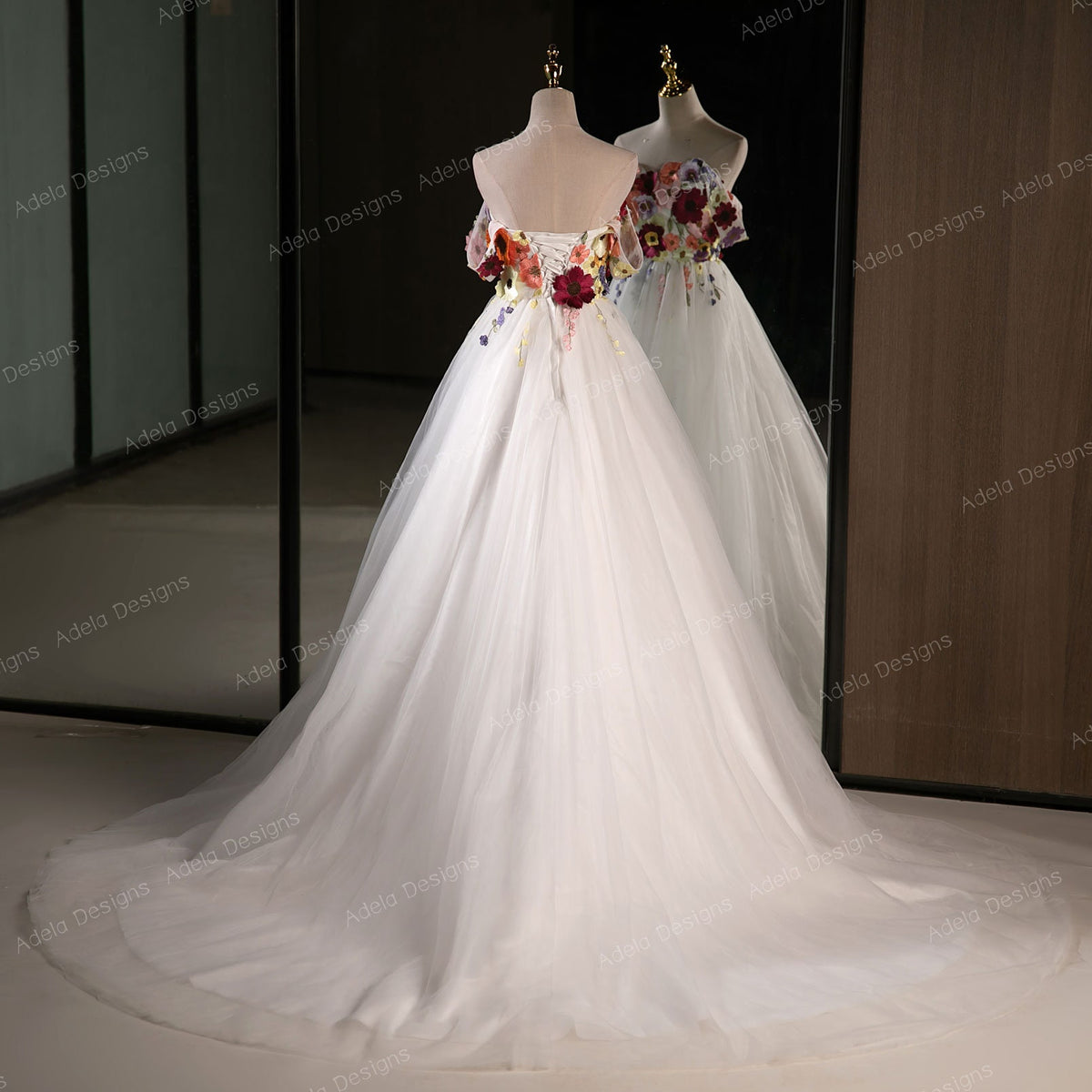 3D Floral Lace Ball Gown Wedding Dress Bridal Detachable Off The Shoulder Straps Lace Open Back Sleeveless Strapless Corset Back Colorful