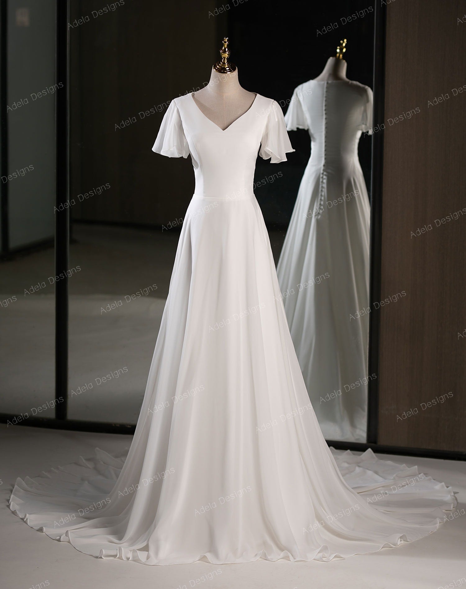a line flutter sleeve wedding dress Flutter Sleeve Crepe Wedding Dress Edda: Simple A-line Chiffon Gown