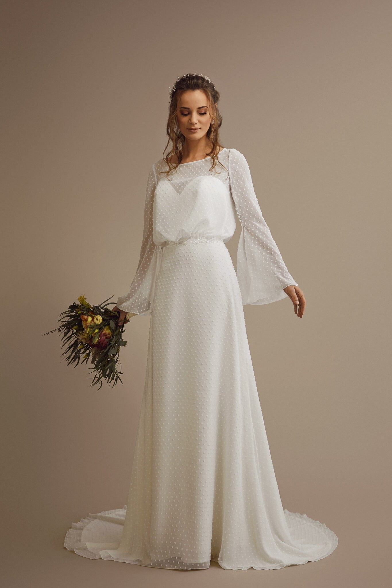 Boho Style Aline Wedding Dress Bridal Gown Modest Neckline Vintage Inspired Long Sleeve Bell Sleeve Train Classic Design Polka Dot