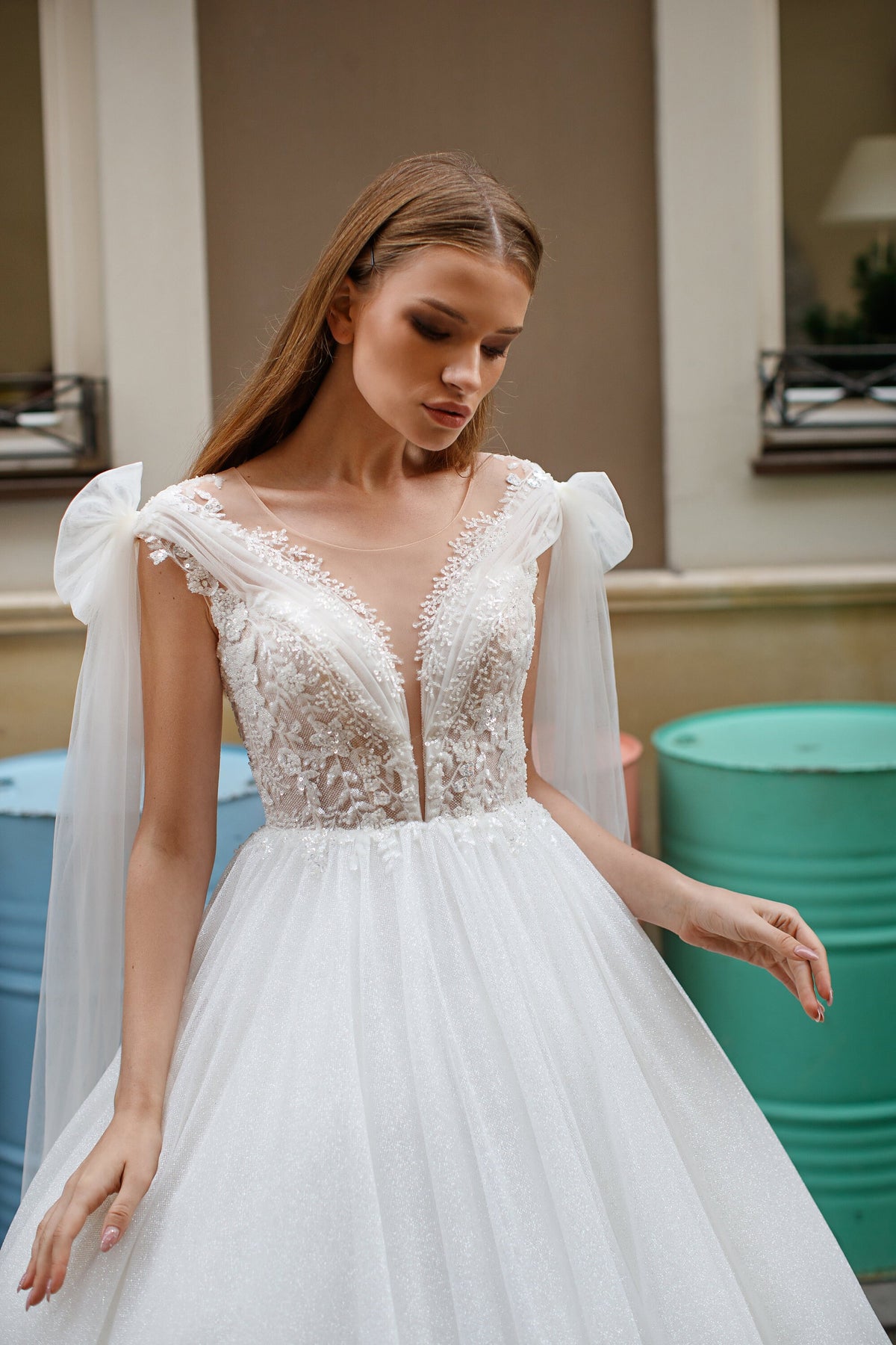 Beautiful Sparkley Off the Shoulder Ties Deep V Neckline Wedding Dress Bridal Gown Lace Bodice Sleeveless Glitter Dress Full Aline Design