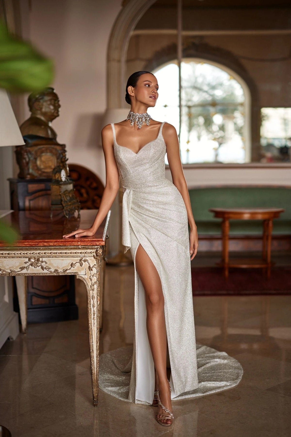 mermaid silhouette wedding dress SANTINA – A & M Enterprises Bridal Size:4R SHOP-ALL and crafted from crepe One Shoulder Linen Maxi