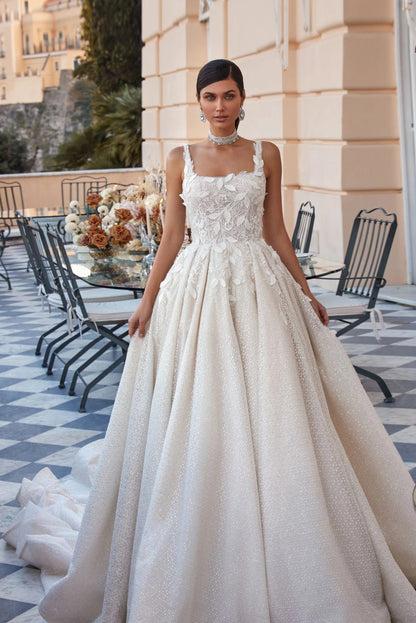 Full Pleated Aline Silhouette Wedding Dress Bridal Gown Sparkle Square Neckline Sleeveless with Straps Open Square Back