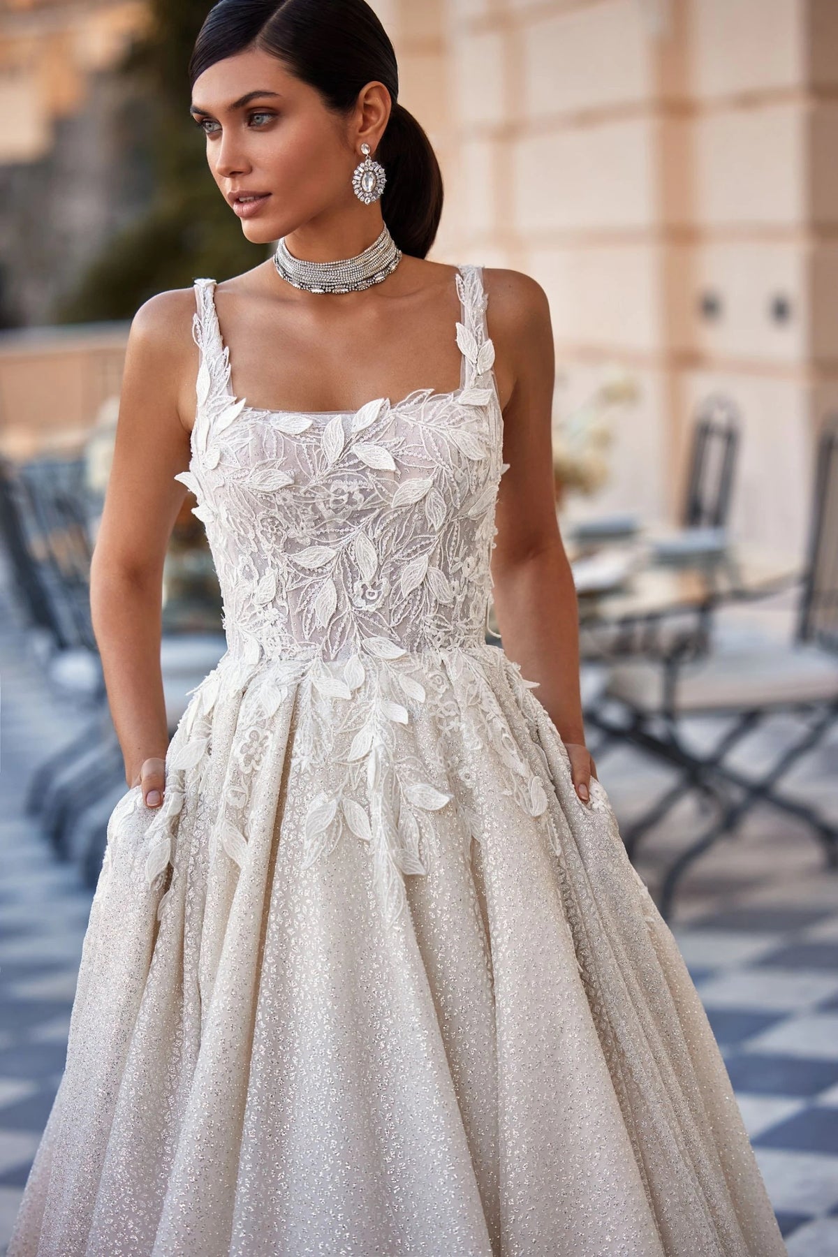 Full Pleated Aline Silhouette Wedding Dress Bridal Gown Sparkle Square Neckline Sleeveless with Straps Open Square Back