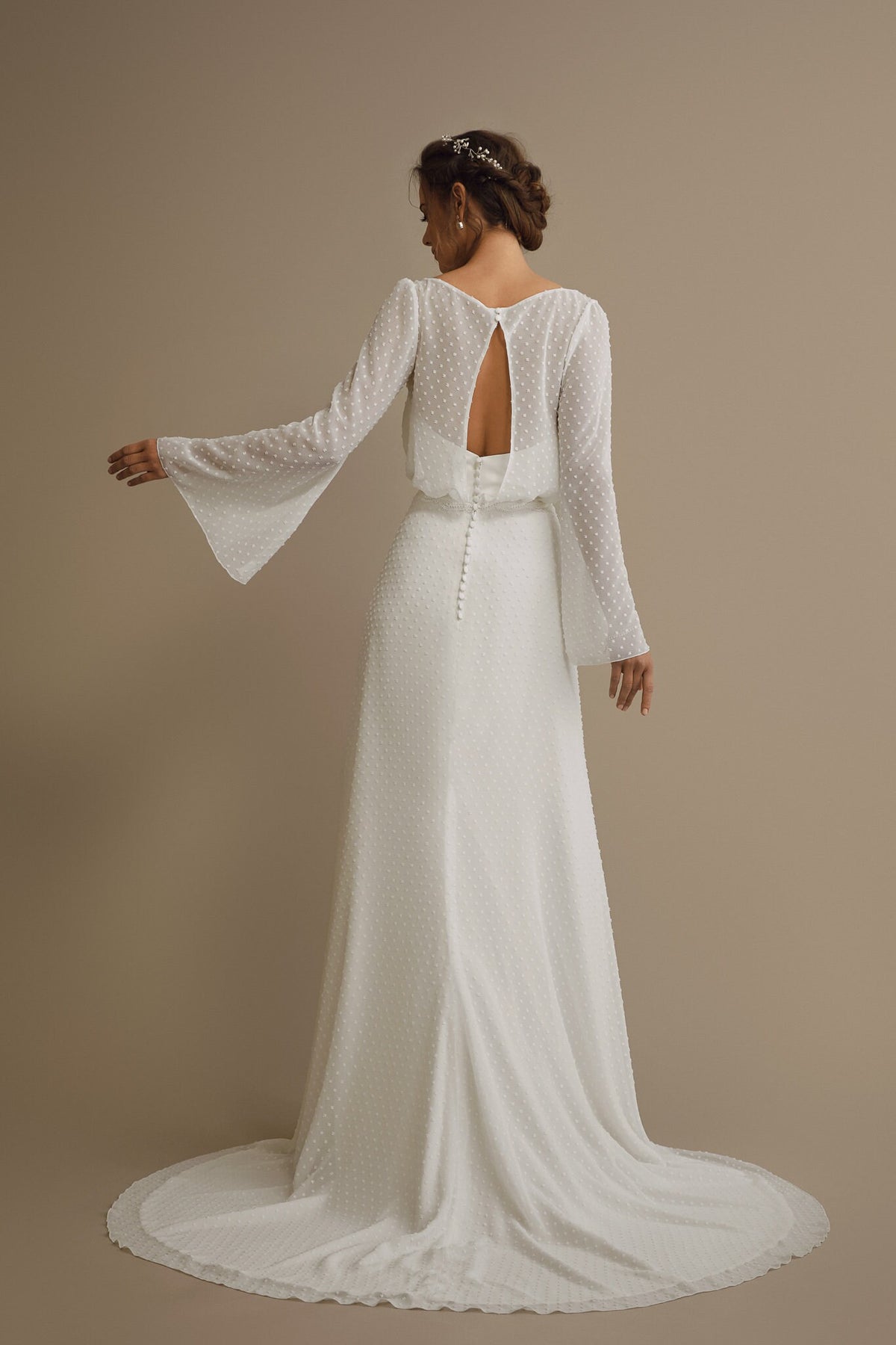 Boho Style Aline Wedding Dress Bridal Gown Modest Neckline Vintage Inspired Long Sleeve Bell Sleeve Train Classic Design Polka Dot