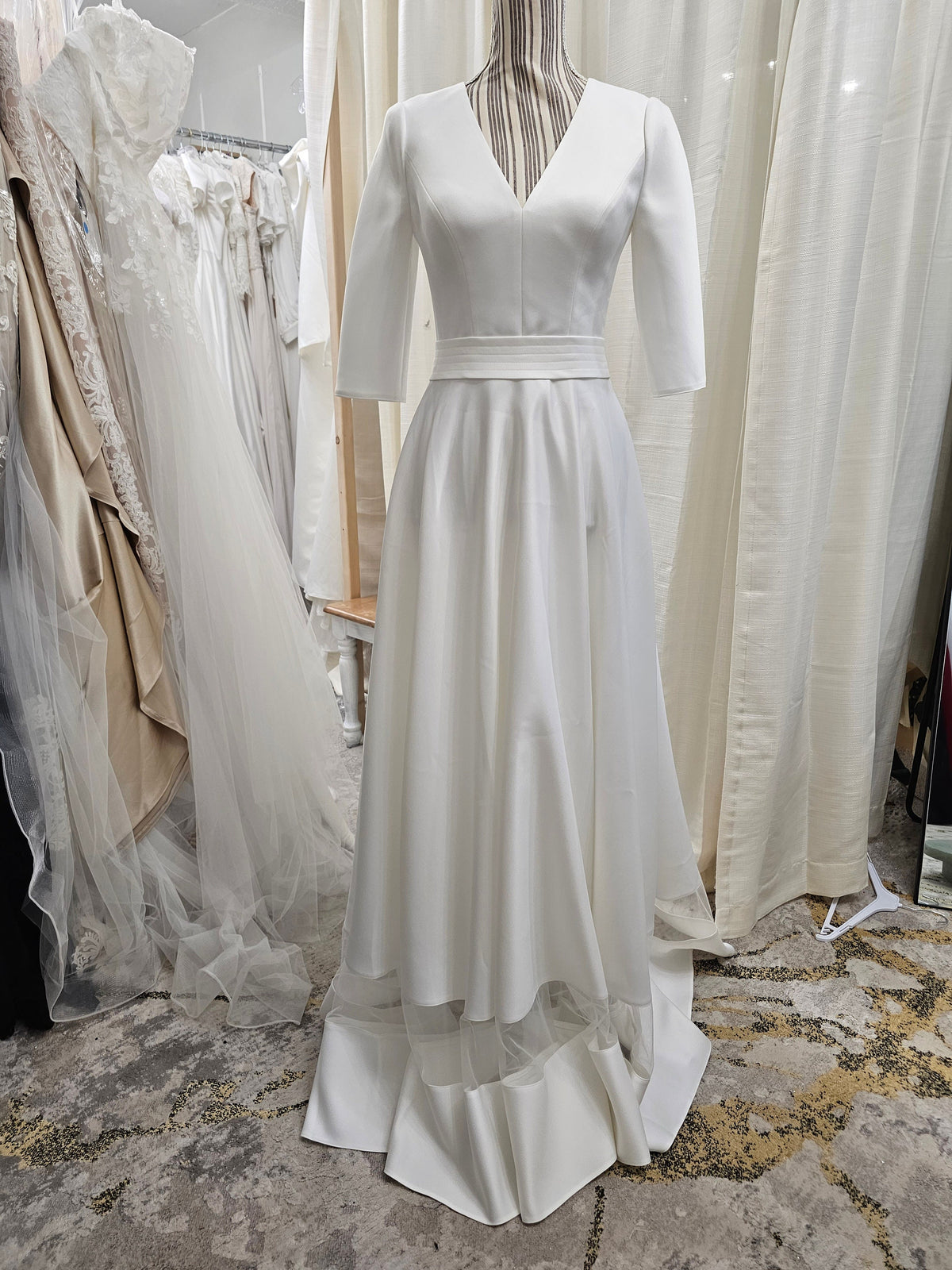 Simple Unique V Neckline Covered Back Wedding Dress Bridal Gown Minimalist Unique Design Aline Short Sleeve Full Skirt Sample