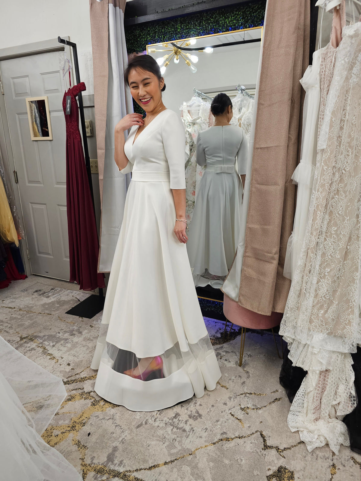 Simple Unique V Neckline Covered Back Wedding Dress Bridal Gown Minimalist Unique Design Aline Short Sleeve Full Skirt Sample