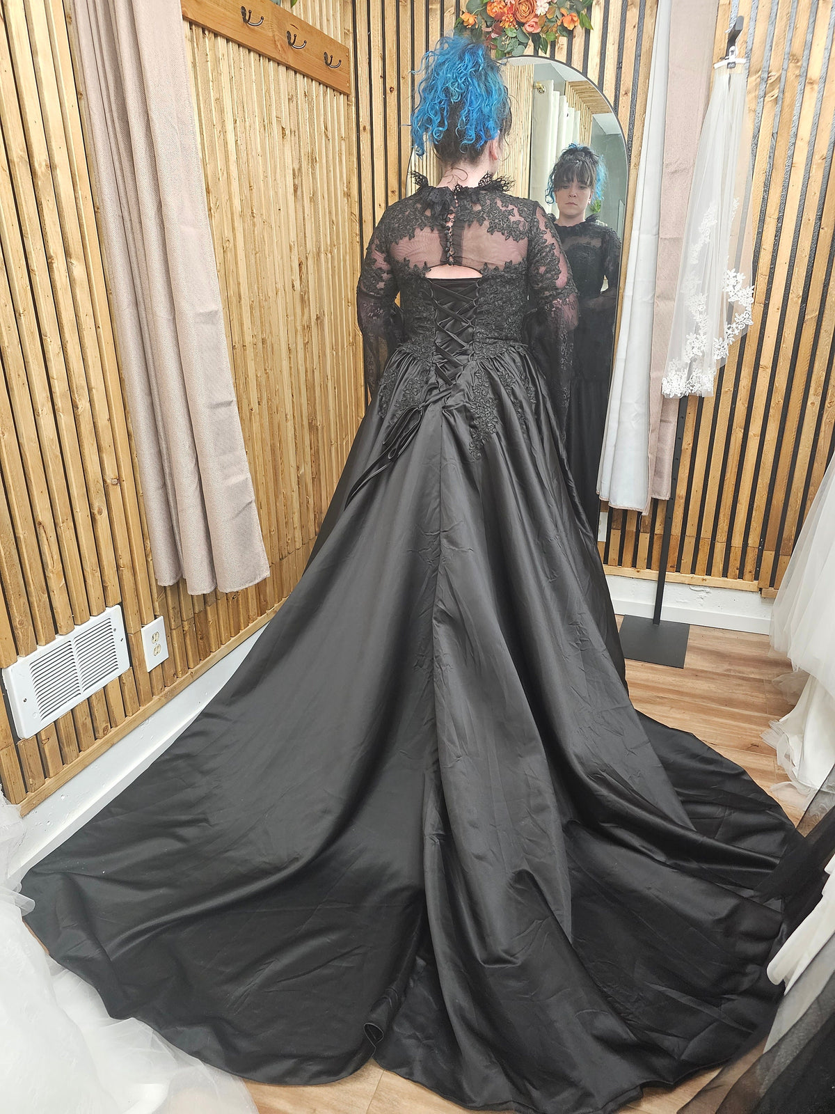 Untraditional Black Gothic Wedding Dress Bridal Long Bell Sleeves Lace with Train Beaded Bodice High Collar Neckline Illusion Back Corset