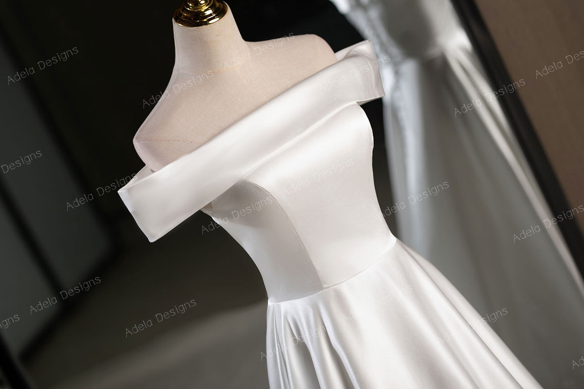Simple Satin Off the Shoulder Bridal Gown Wedding Dress Minimalist Aline Silhouette Straight Neckline Button Back Bare Shoulders