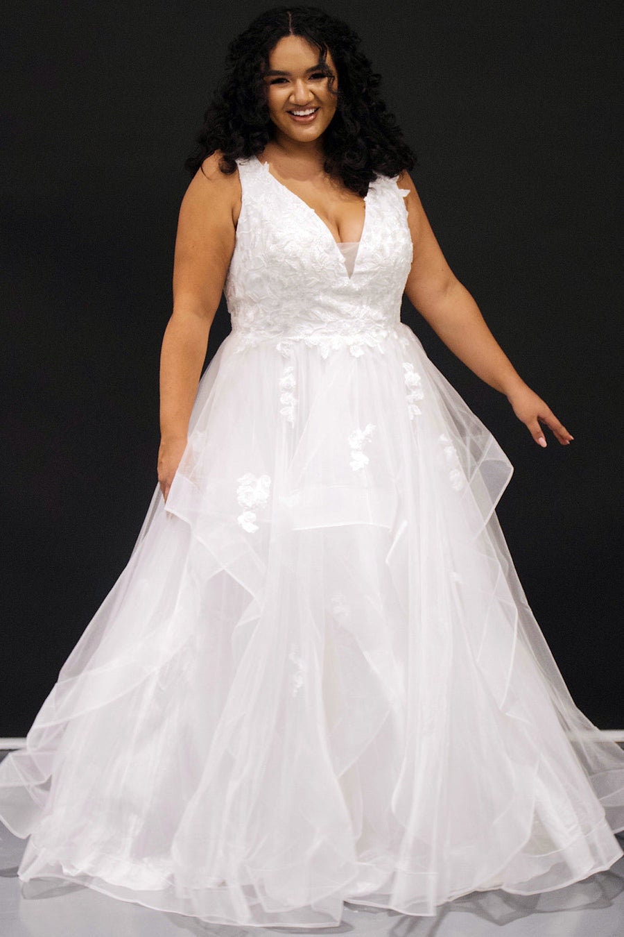 Aline Plus Size Wedding Dress Bridal Gown V Neckline Tiered Tulle Skirt Bridal Black or Ivory Options lace Bodice Bra Friendly Straps