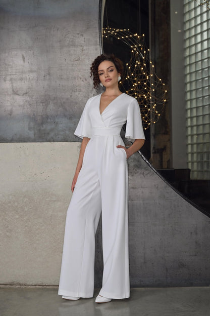 Modern Simple Modest V Neck Covered Back Soft Crepe Wedding Jumpsuit Bridal Style Short Flutter Sleeves Minimalist Sparkle Pockets