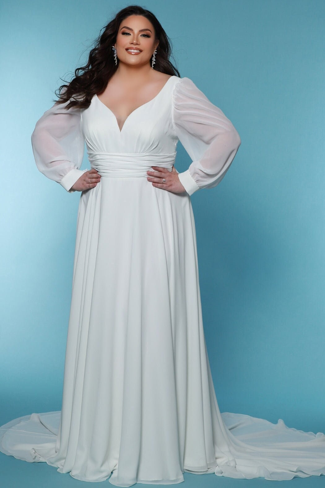 Flowy Aline Plus Size Wedding Dress Bridal Gown V Neckline Long Sleeve Gathered Waist Romantic Train Desination Wedding Flattering Style