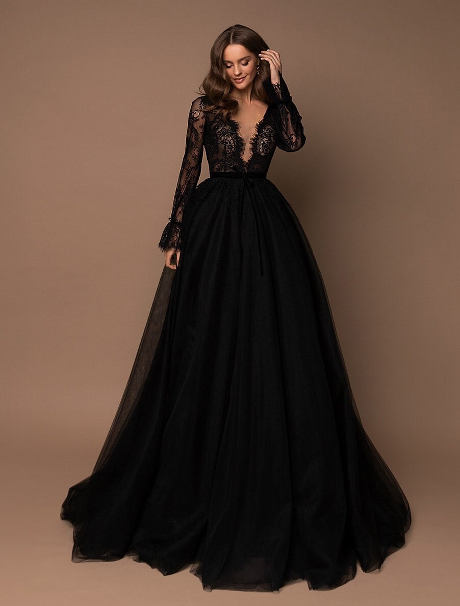 Unconventional Black Aline Long Lace Sleeves Wedding Dress Bridal Gown Train Deep V Neckline Romantic Design Boho Style