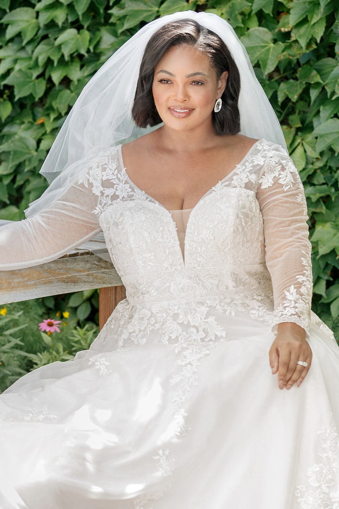 Sparkle Aline Plus Size Wedding Dress Bridal Gown Plunge V Neckline Long Sleeve Romantic Lace Flattering Style Classic Design