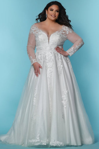 Sparkle Aline Plus Size Wedding Dress Bridal Gown Plunge V Neckline Long Sleeve Romantic Lace Flattering Style Classic Design