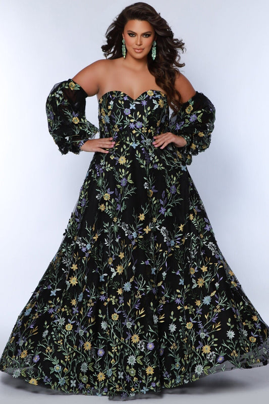 Black Floral Aline Plus Size Wedding Dress Bridal Gown Off The Shoulder Detachable Puff Sleeves Sleeveless Strapless Sweetheart Neckline